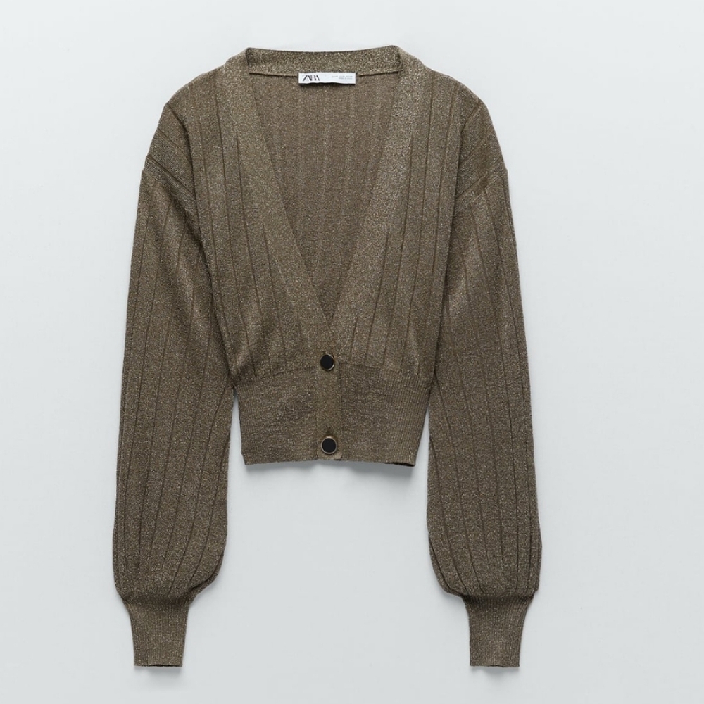 Zara Women's Metallic Olive Two-Button Plunge Front Knit Cardigan Size Small